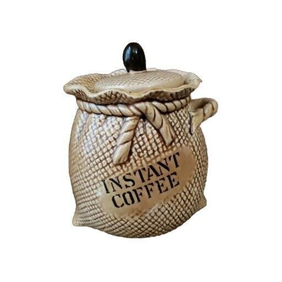 Vintage Lefton Ceramic Instant Coffee Brown Sack Lid Country Kitchen Kitsch READ - Picture 1 of 12